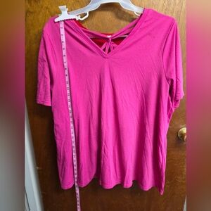 Lane Bryant Hot Pink V-Neck Short Sleeve Tee with Back Tie